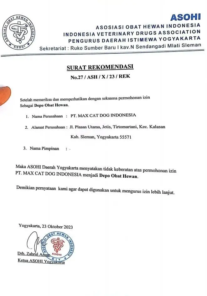 Scan Surat Rekomendasi ASOHI Yogyakarta untuk pengurusan izin Depo Obat Hewan PT Max Cat Dog Indonesia